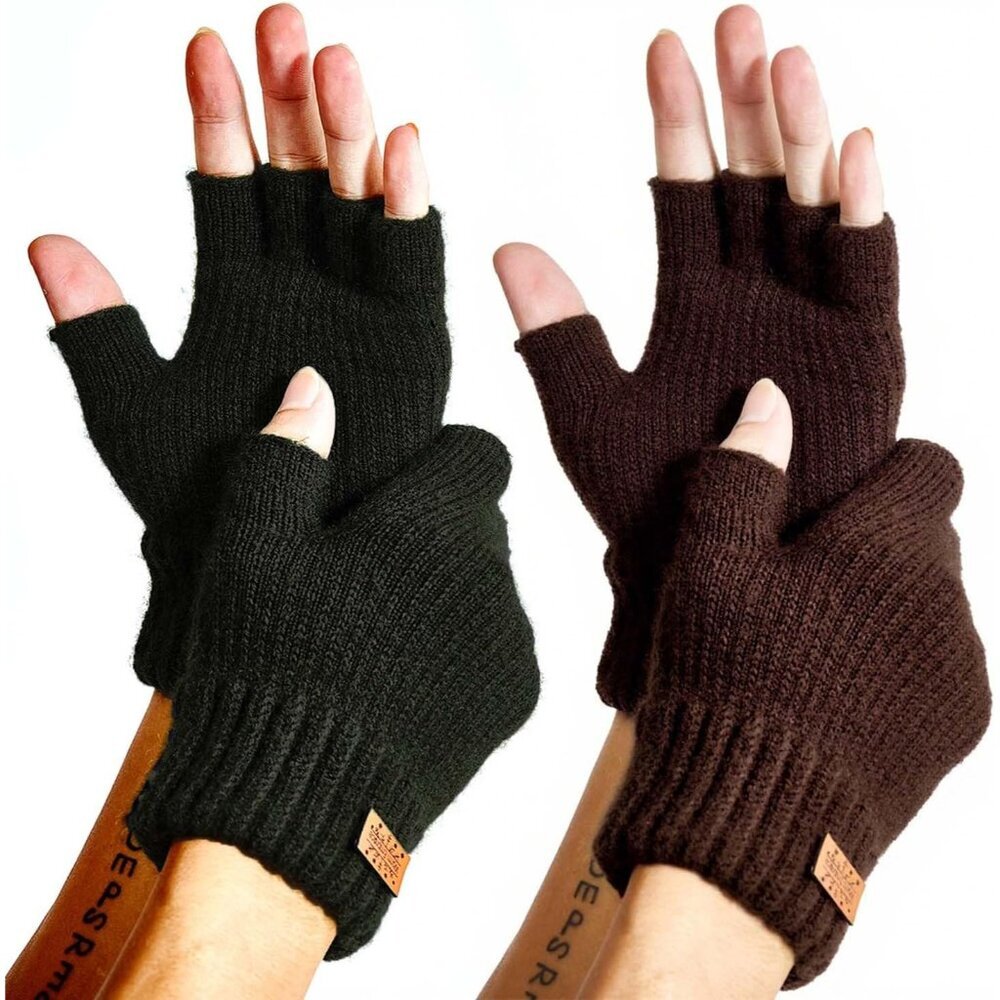 Fingerless Gloves for Women Men, Winter Warm Alpaca Wool Stretch Knit Adult Half